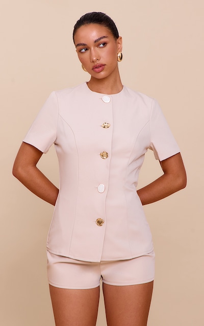 Almond Woven Short Sleeve Button Detail Romper