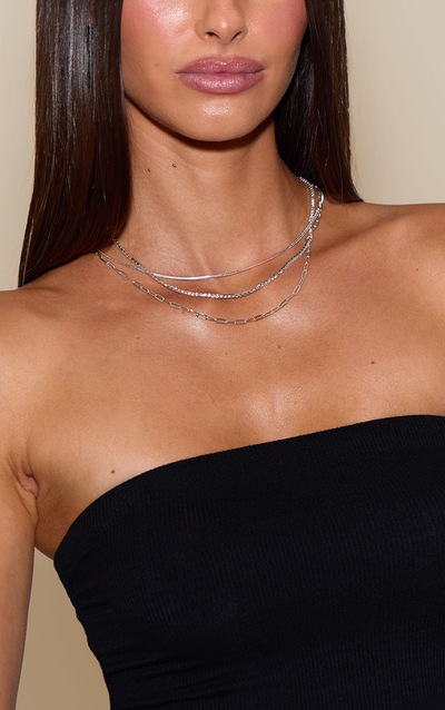 Silver Layered Diamante Fine Chain Necklace