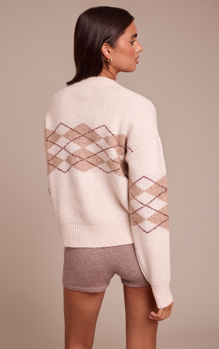 Beige Argyle Button Through Cardigan image 2