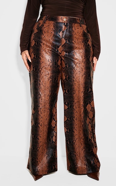 Plus Brown Faux Leather Snake Print Wide Leg Pants
