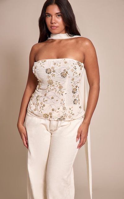 Shape Top bustier crème fleuri à détail foulard et sequins