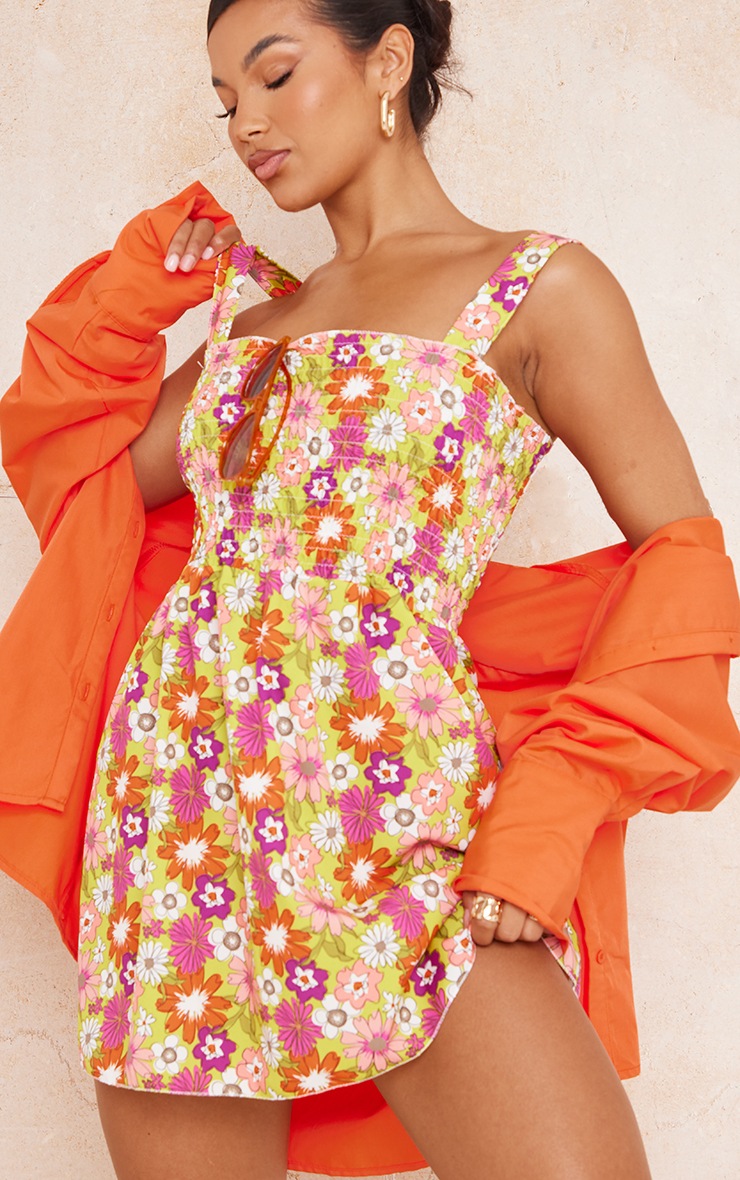 Multi Floral Woven Ruched Bust Cami Mini Dress image 1