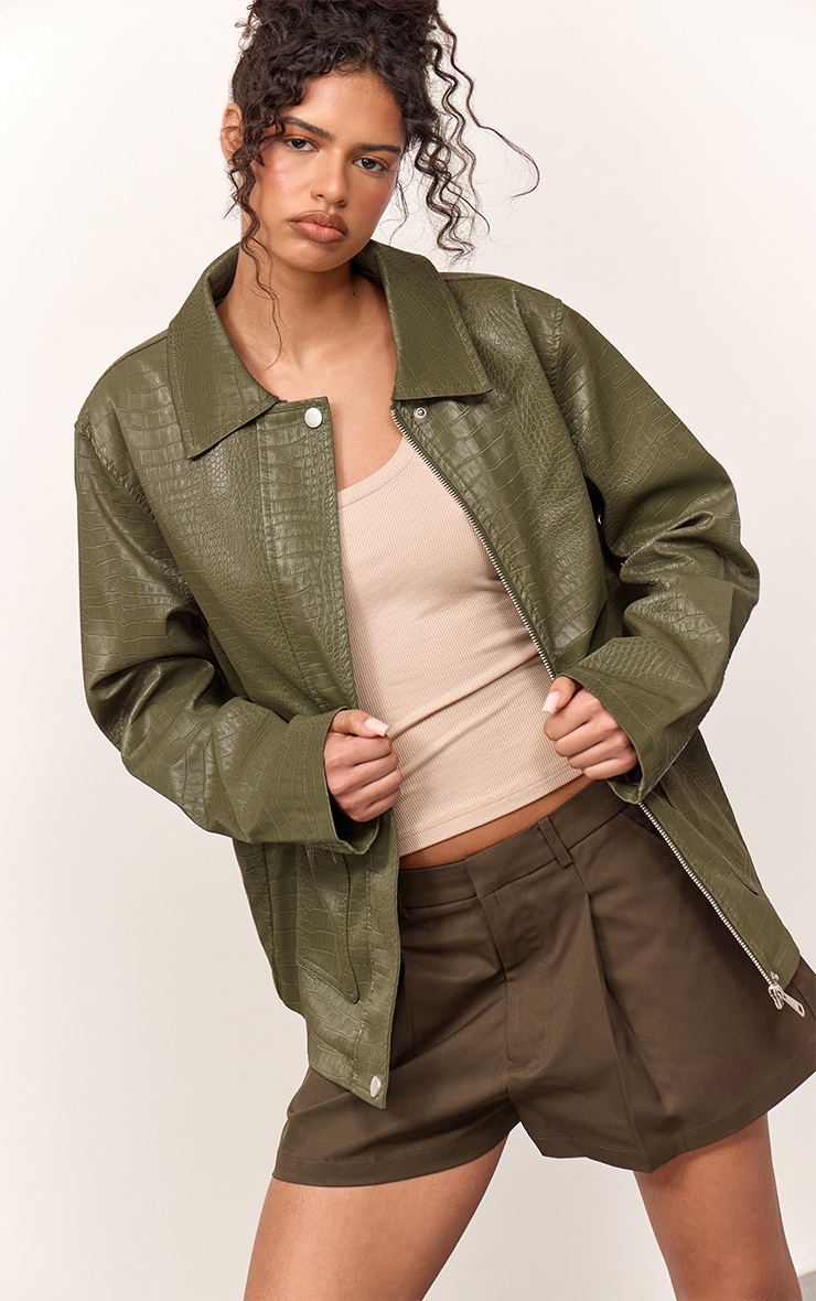 Forest Green Concealed Placket Longline Embossed Faux Leather Jacket