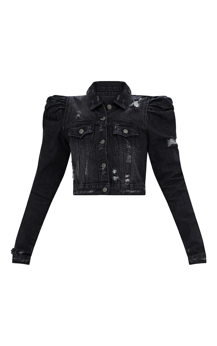 Black Extreme Shoulder Cropped Denim Jacket Coats & Jacket