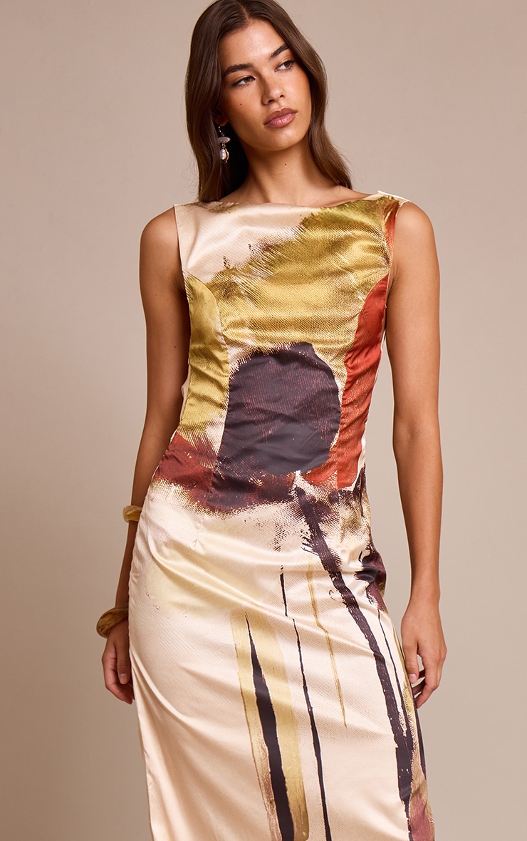 Cream Floral Printed Satin Maxi Dress image 4