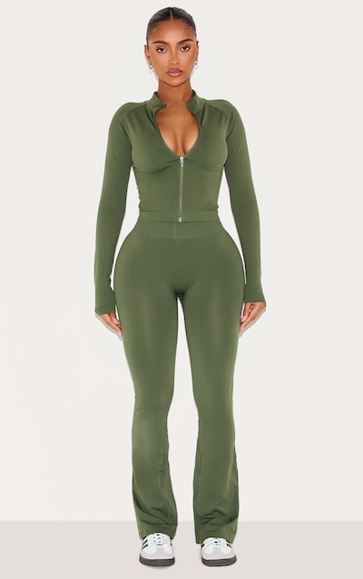 Shape Flare de sport vert forêt sans coutures à taille haute et fronces derrière