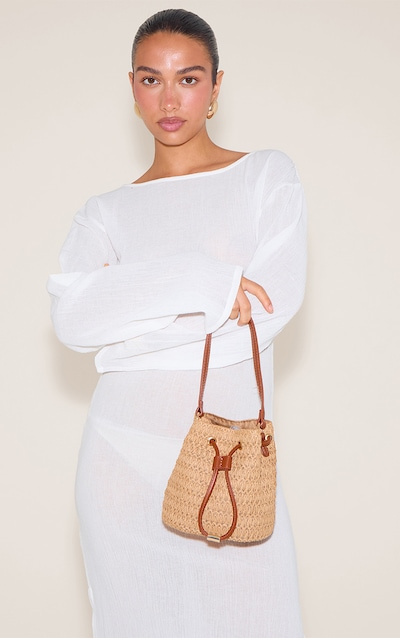 Natural Raffia Mini Drawstring Bucket Beach Bag