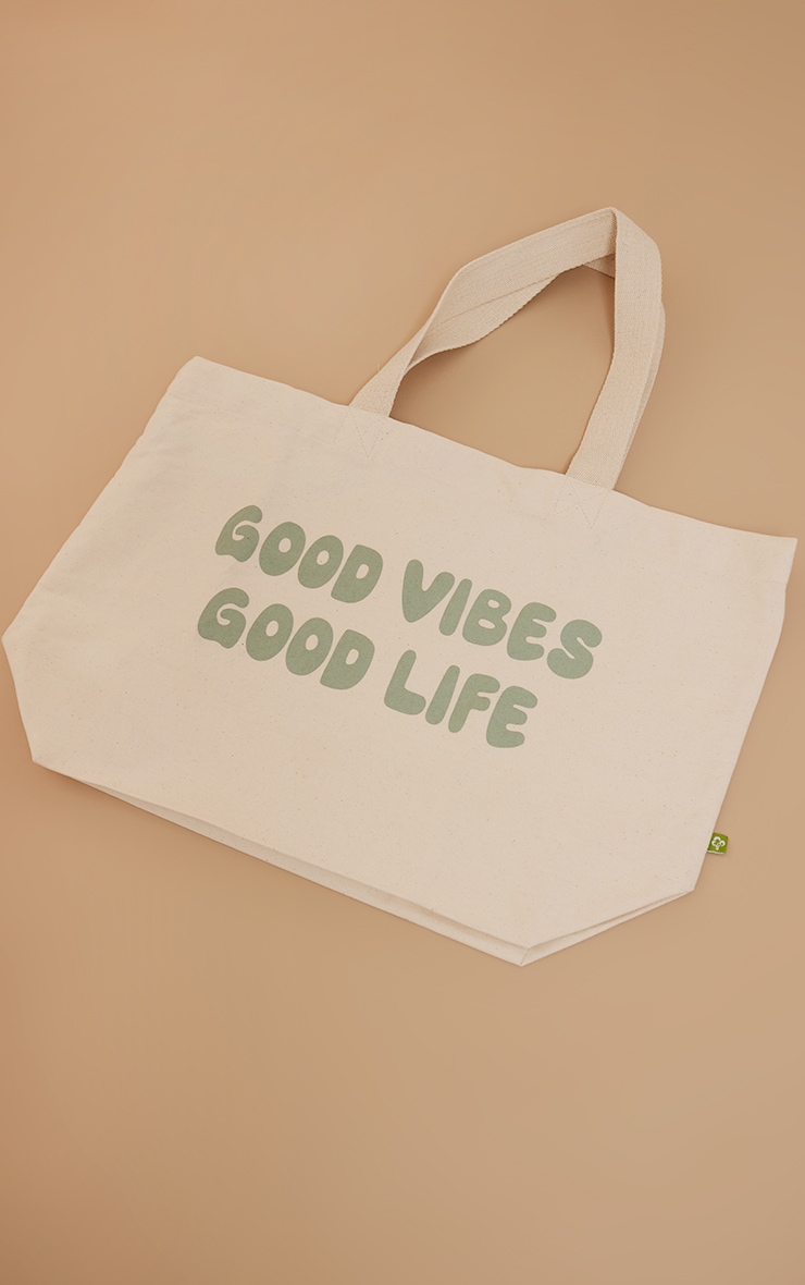 Tote bag vert à slogan Good Vibes image 4