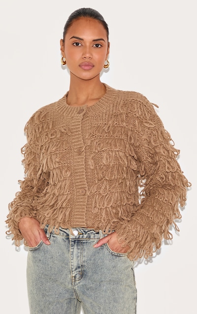 Cardigan en maille tricot bouclée taupe à col ras et boutons