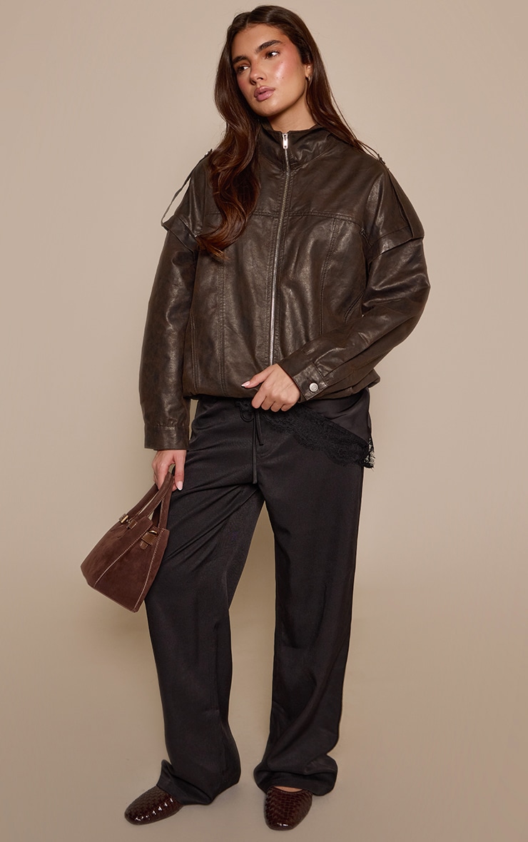 Black Woven Tie Waist Detail Wide Leg Trousers  image 2