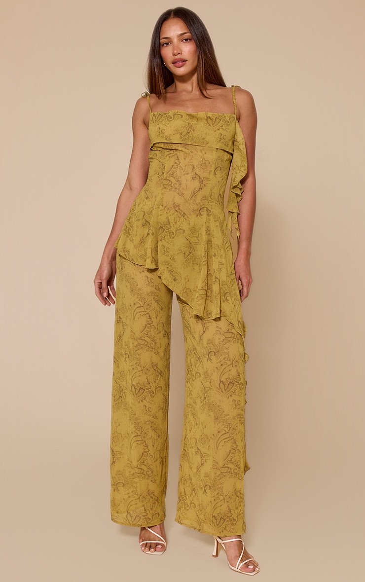 Tall Chartreuse Abstract Print Chiffon Straight Leg Pants image 1