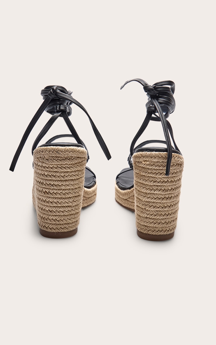 Black Pu Square Toe Espadrille Lace Up High Heeled Wedges image 4