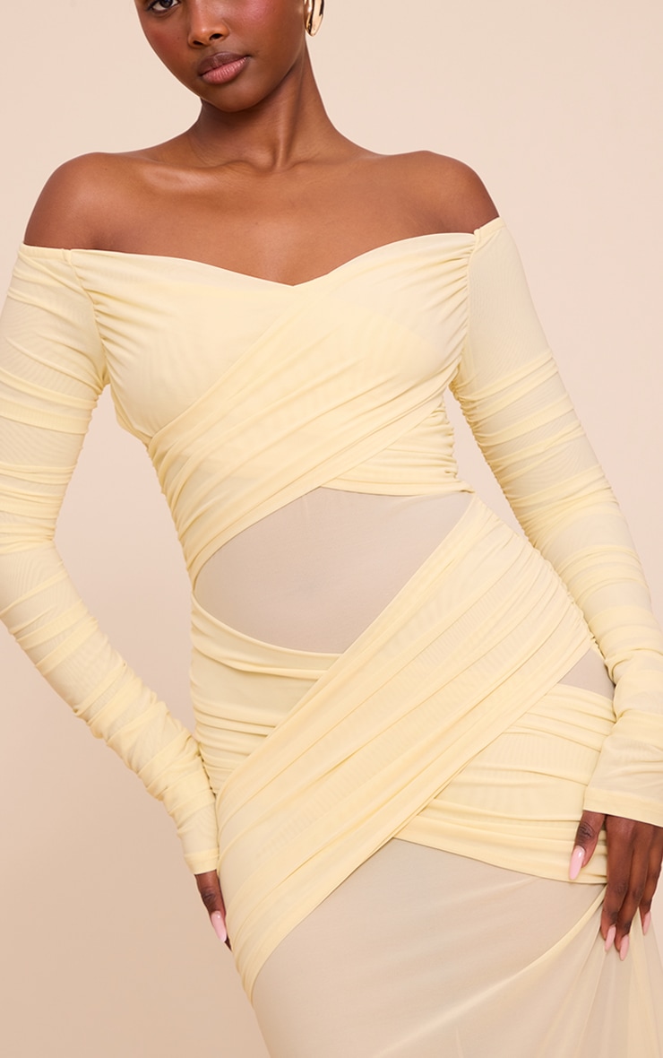 Lemon Bandage Mesh Bardot Layered Ruched Maxi Dress image 4