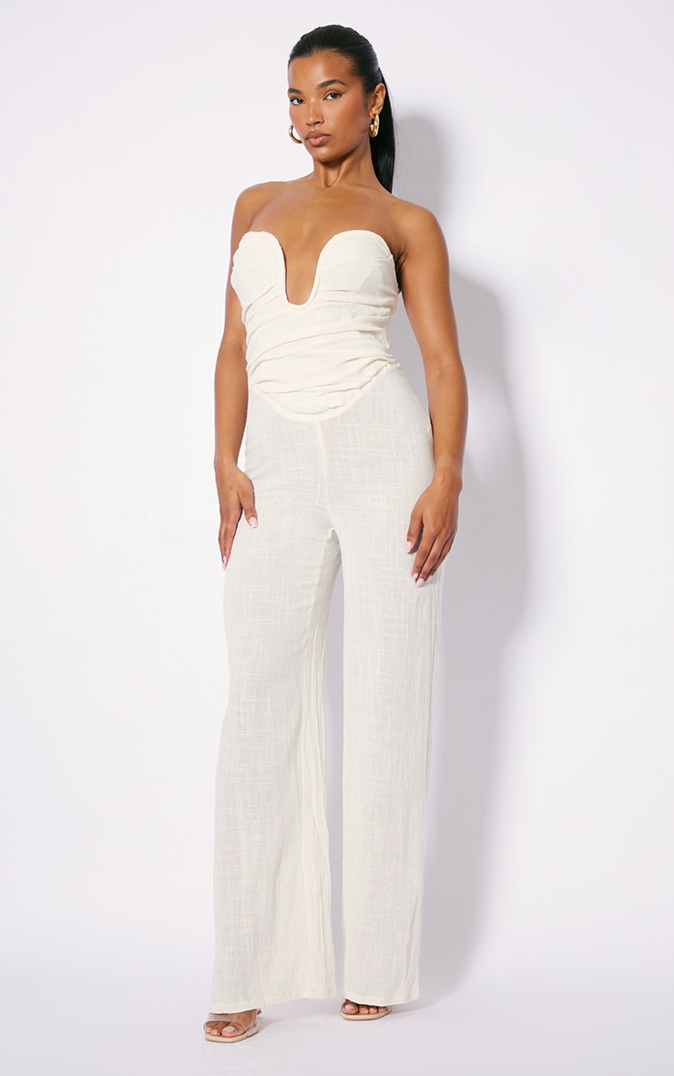 Cream Textured V Bar Bandeau Ruched Jumpsuit PrettyLittleThing CA