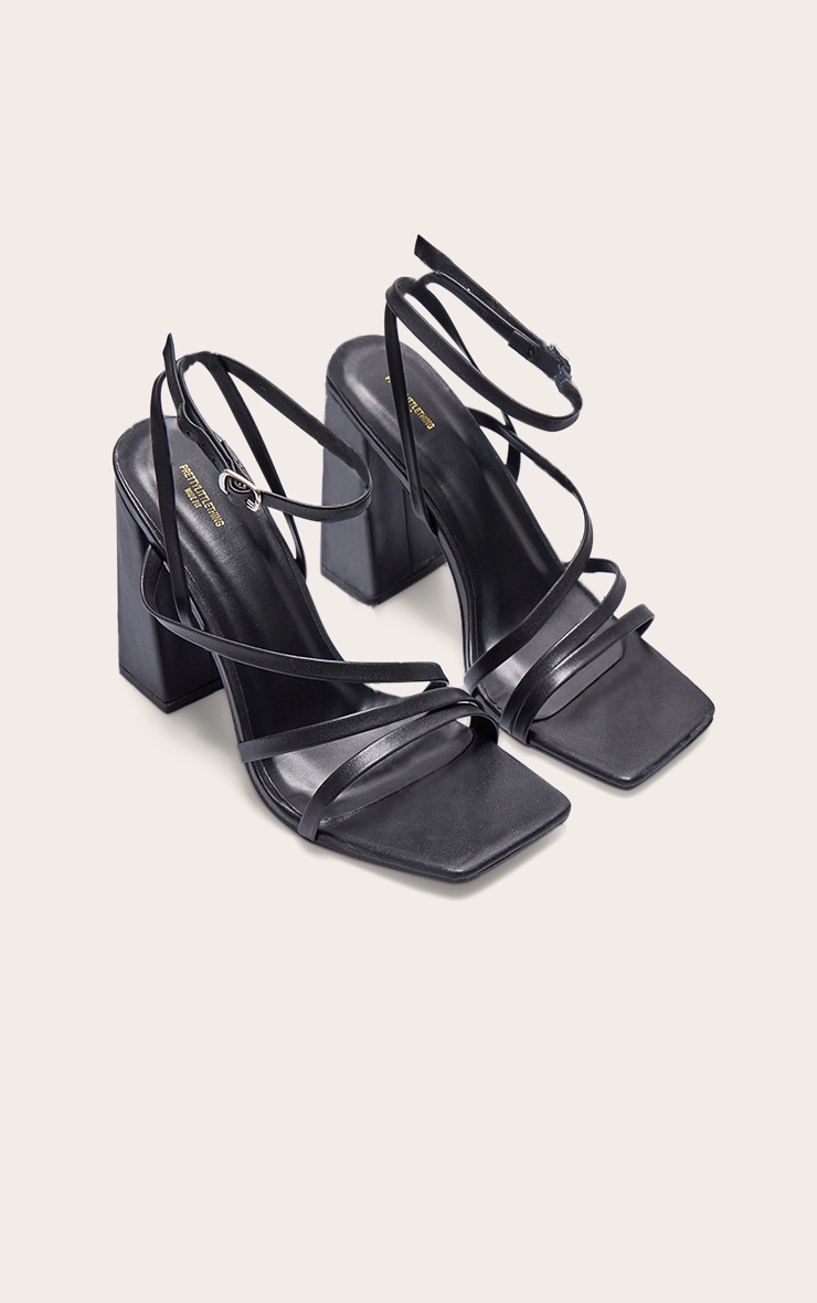 Black Wide Fit PU Square Toe Strappy High Block Heeled Sandals image 2
