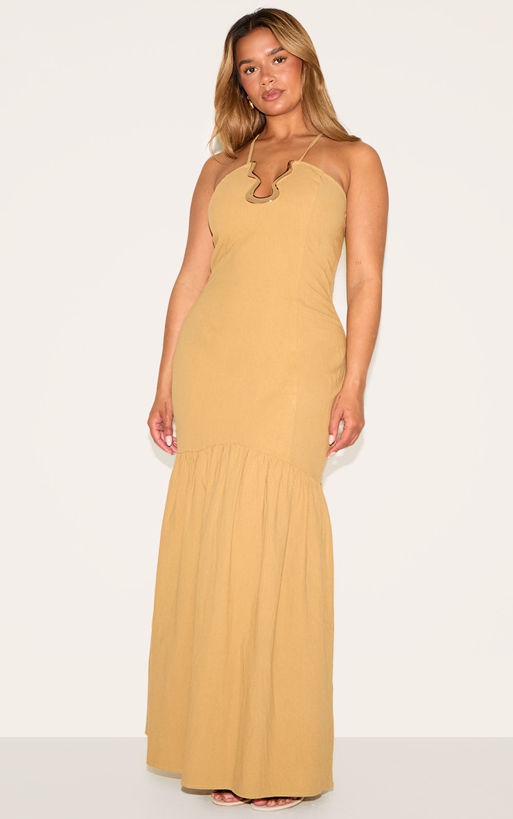 Shape Khaki Linen Look Gold Wave Trim Dropped Hem Maxi Dress image 3