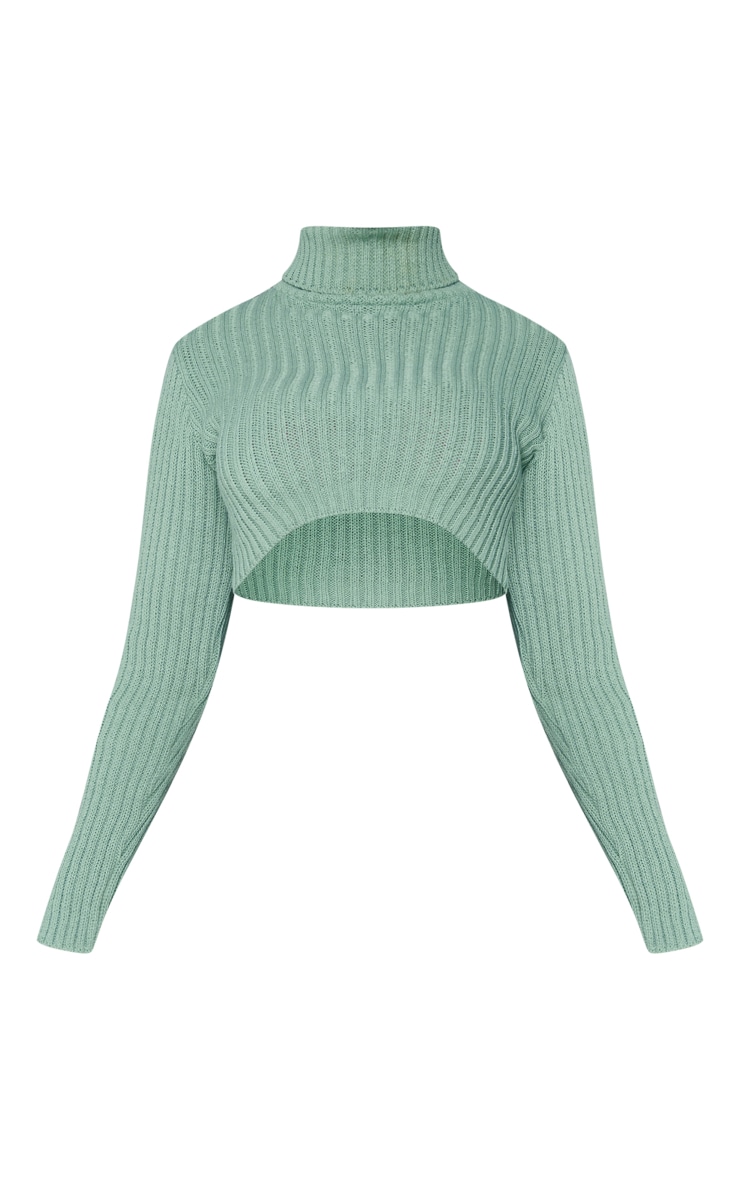 Light Khaki Ribbed Knit Roll Neck Crop Jumper image 5