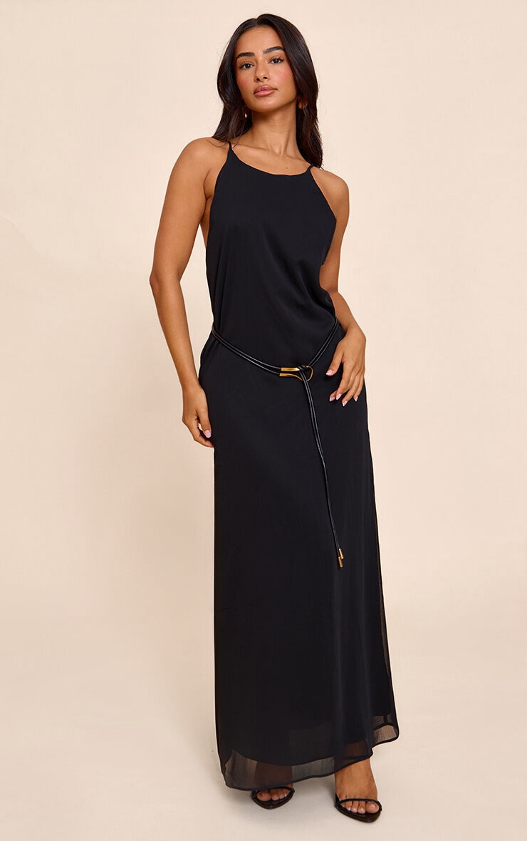 Petite Black Woven Cami Trim Detail Maxi Dress image 2