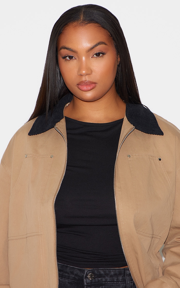 Plus Beige Contrast Collar Pocket Detail Trucker Jacket image 4