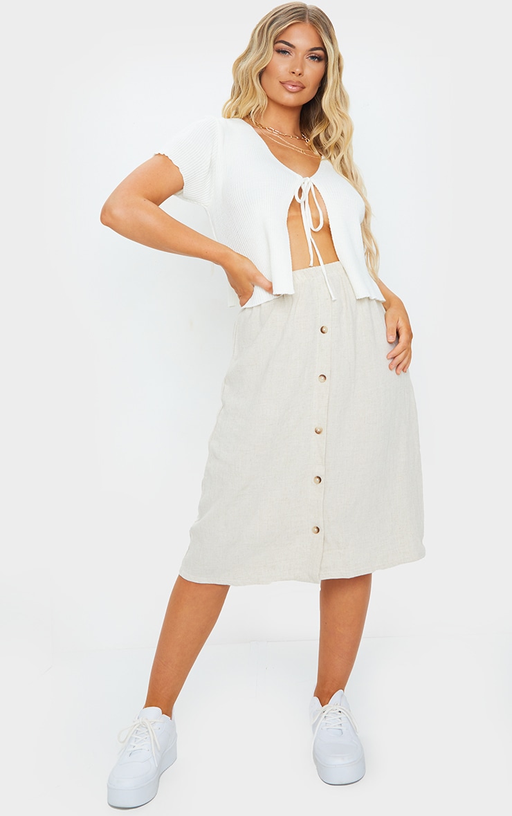 Stone Linen Feel Tortoise Button Front Midi Skirt