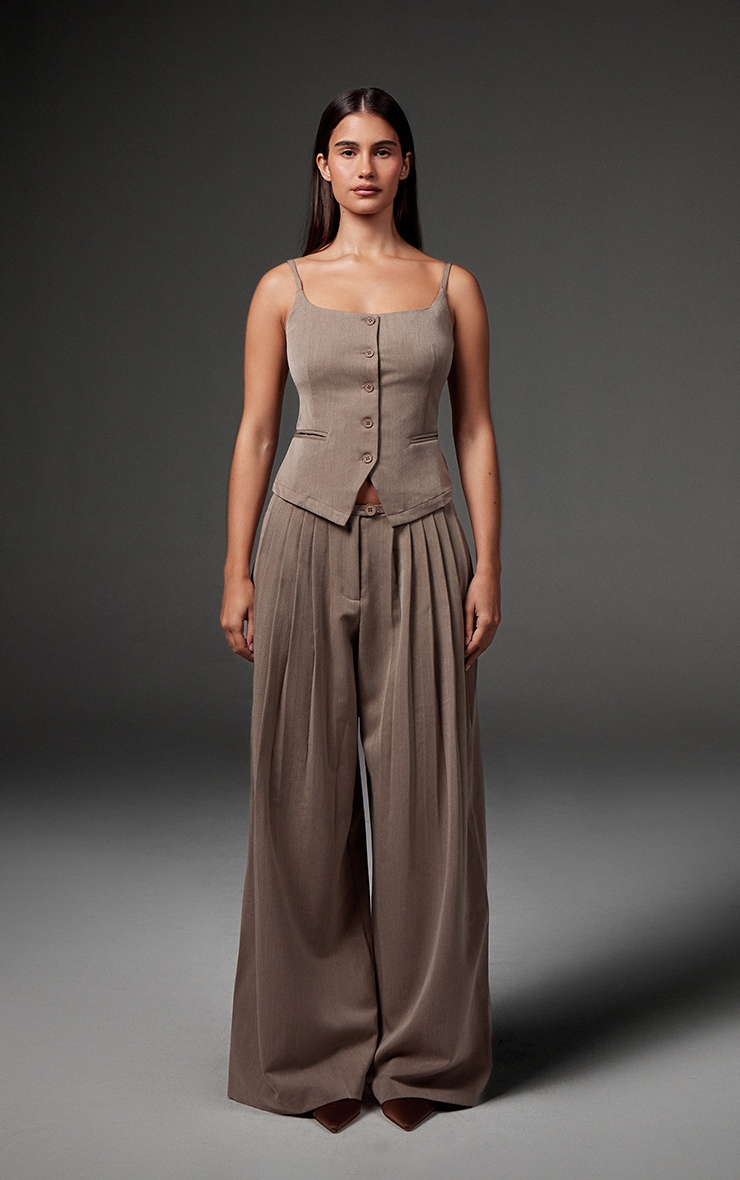 Premium Taupe Woven Pleated Waistband Extreme Wide Leg Pants image 1