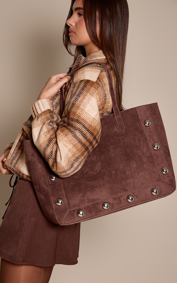 Chocolate Faux Suede Dome Stud Tote Bag
