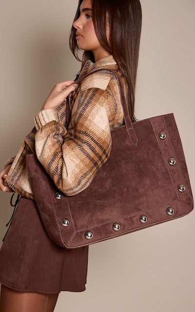 Chocolate Faux Suede Dome Stud Tote Bag