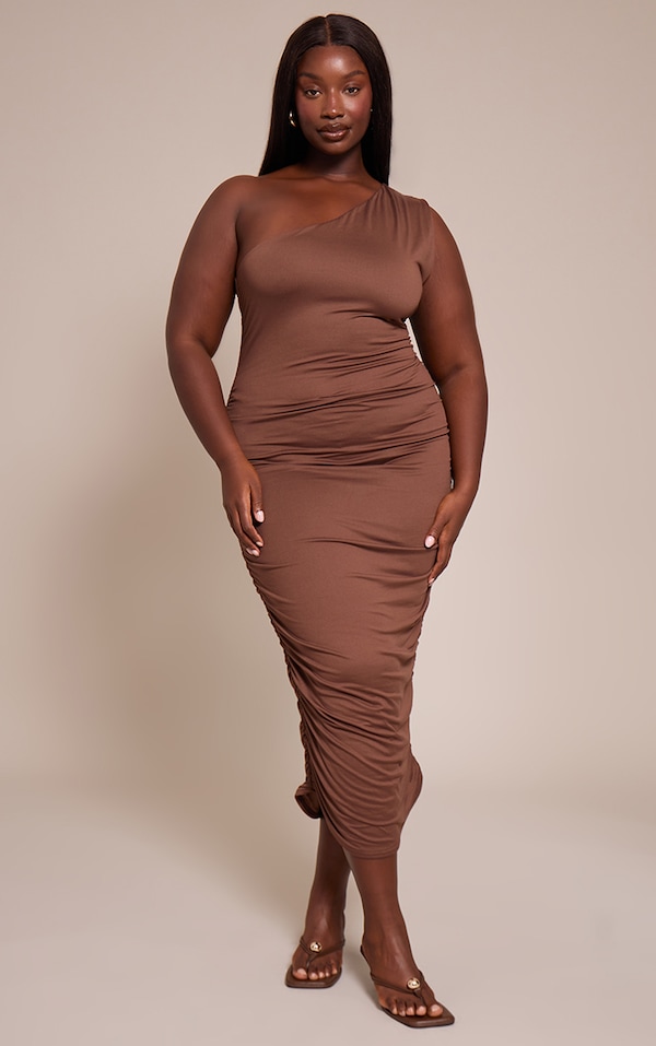 Plus One Shoulder Ruched Detail Neck Midaxi Dress