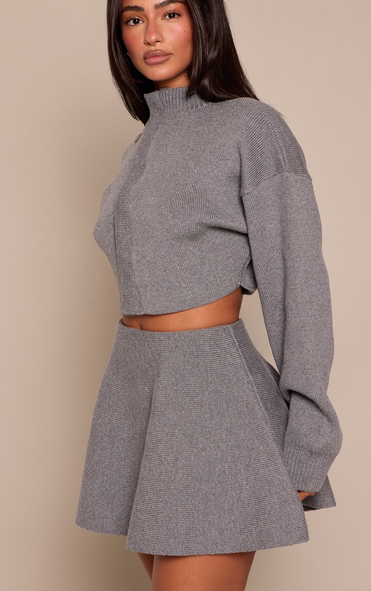 Petite Grey Marl Ribbed Knit Flowy Mini Skirt image 2