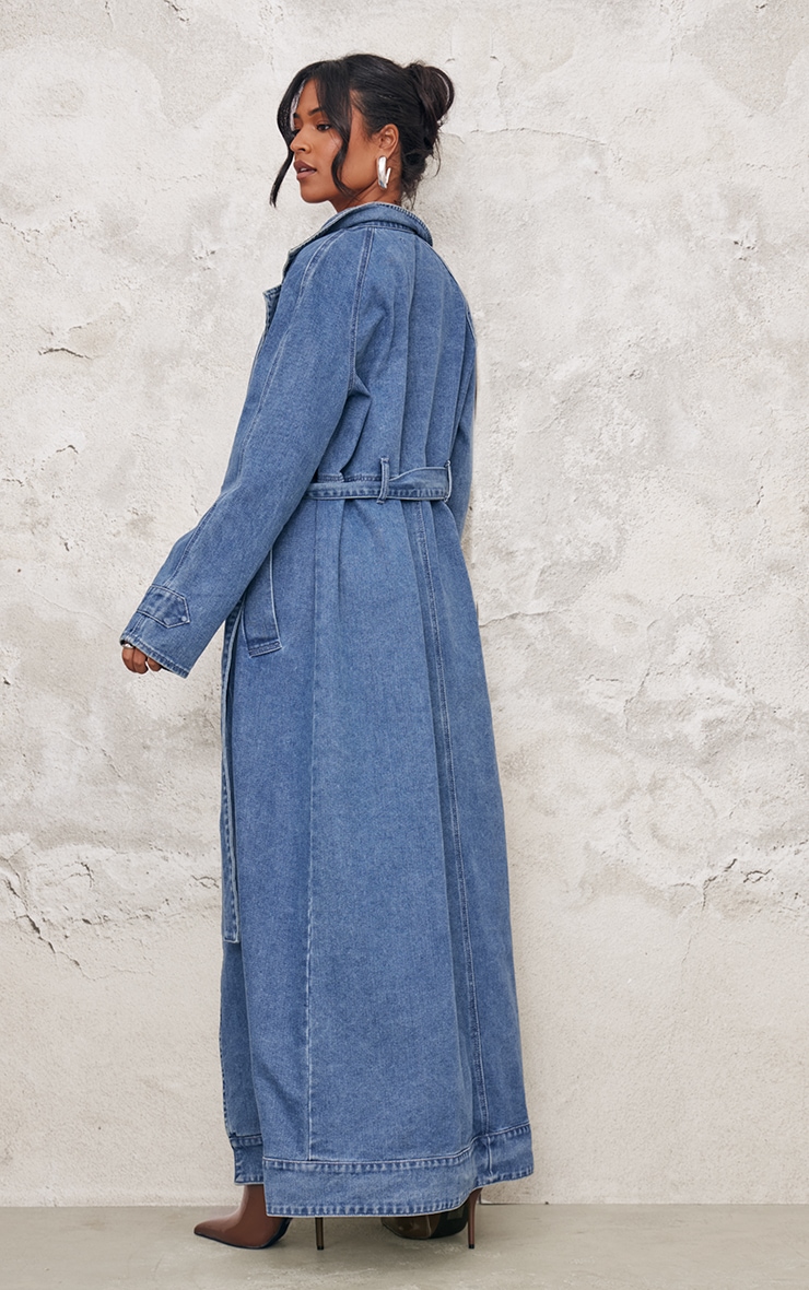 Tall Mid Blue Wash Belt Detail Denim Trench Coat image 2