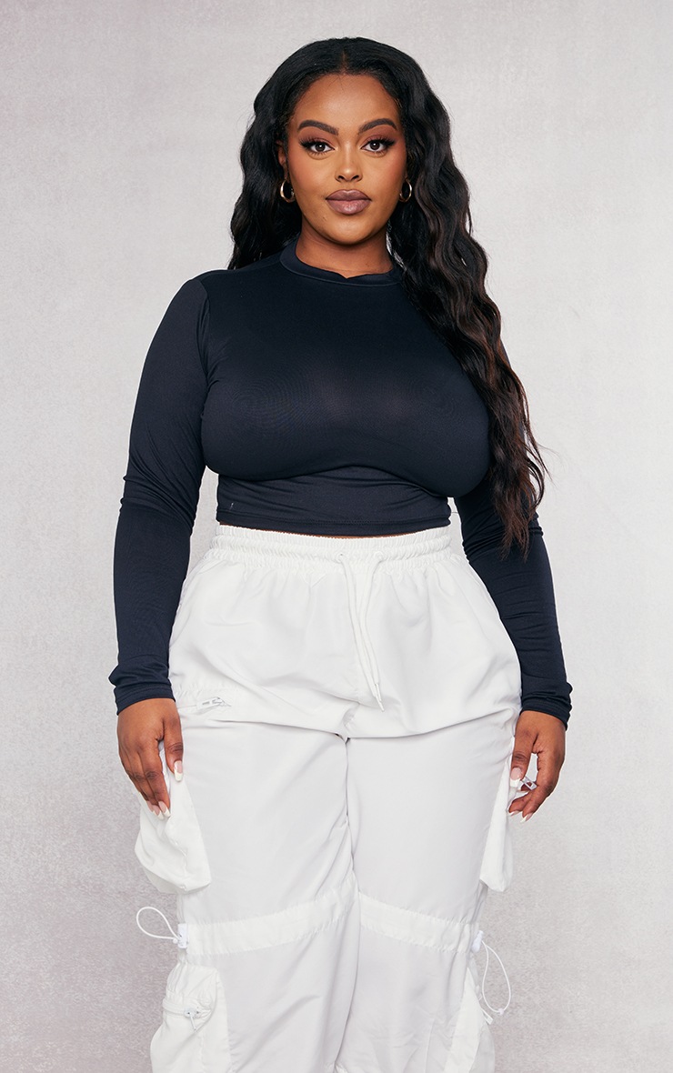 Plus Black High Neck Soft Touch Long Sleeve Crop Top image 3