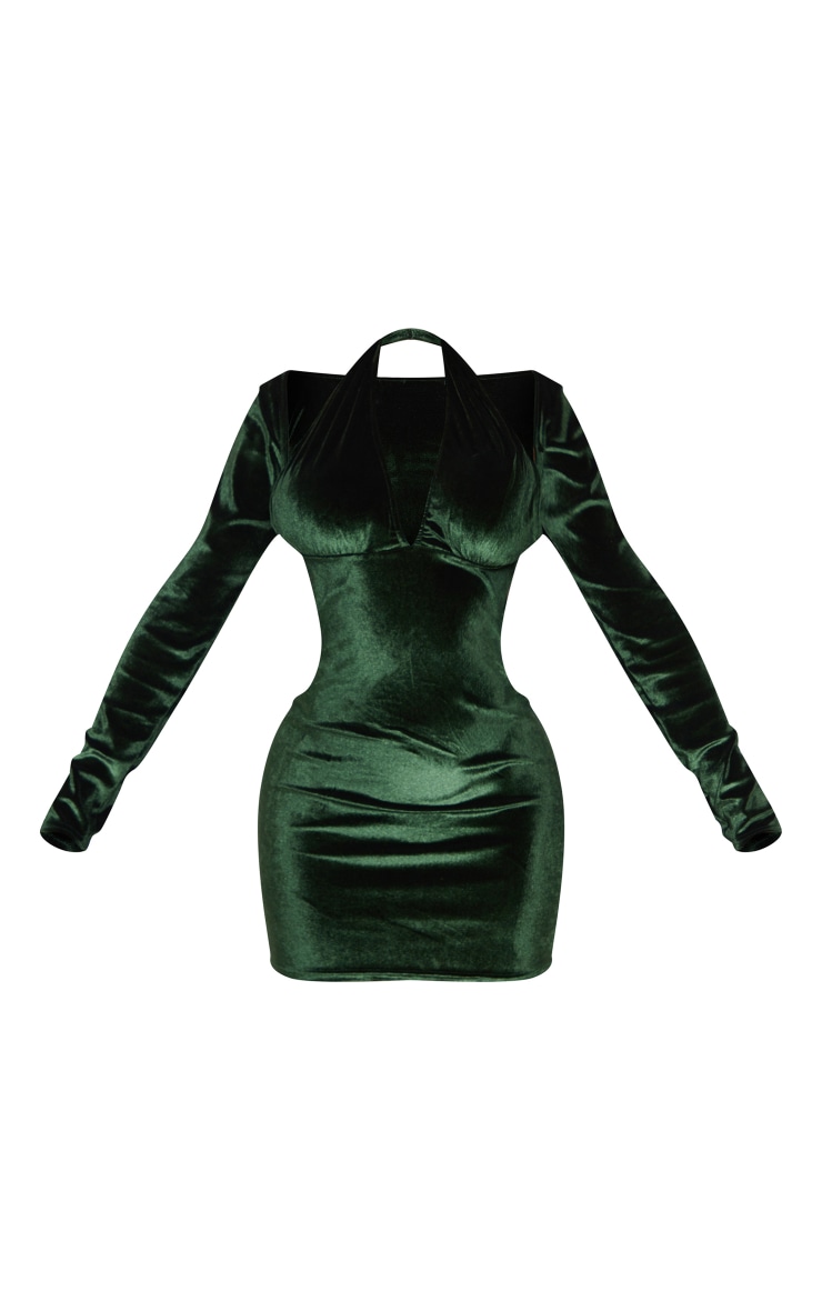 Shape Emerald Green Velvet Wrap Neck Long Sleeve Bodycon Dress image 5