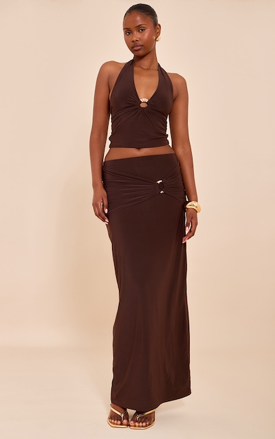 Brown Ruched Detail Flowy Maxi Skirt