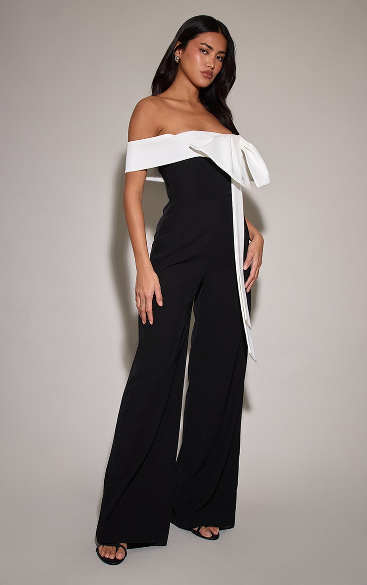 Black Woven Contrast Bow Wide Leg Jumpsuit image 3