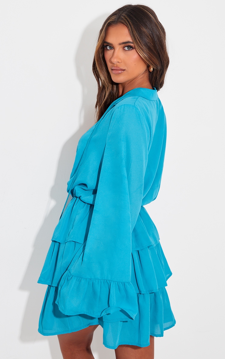 Petrol Blue Satin Frill Tie Shift Dress image 2