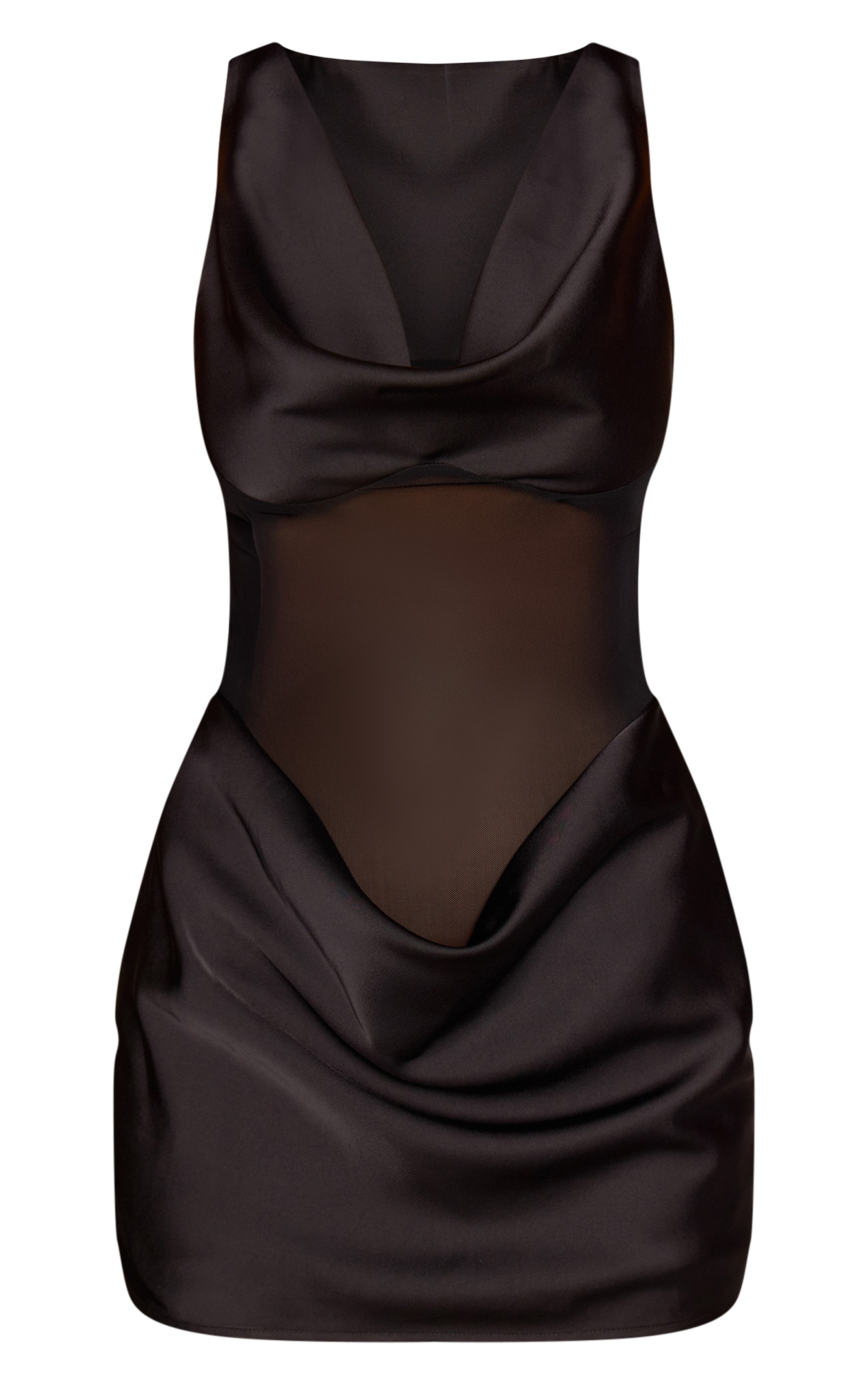 Black Satin Mesh Panel Detail Mini Dress image 5