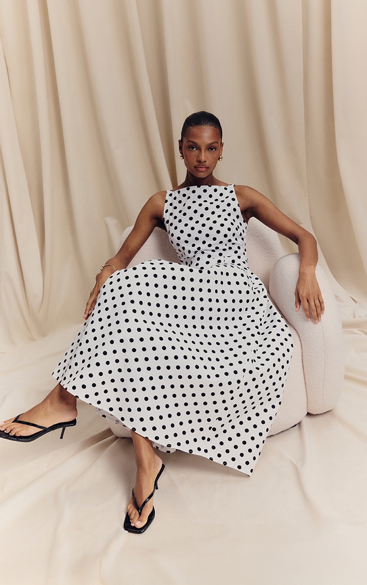 Monochrome Polka Dot Printed Dropped Waist Midaxi Dress image 4