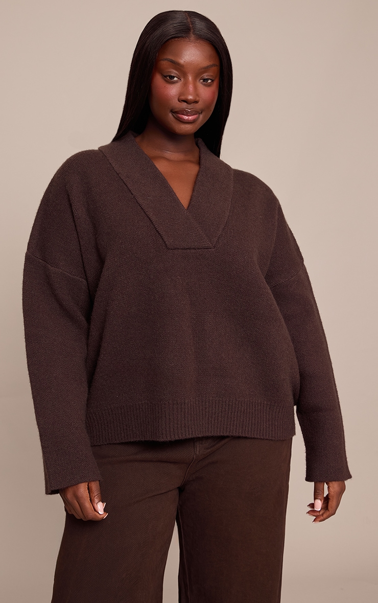 Plus Chocolate Contrast Collar Deep V Neck Slouchy Sweater image 1