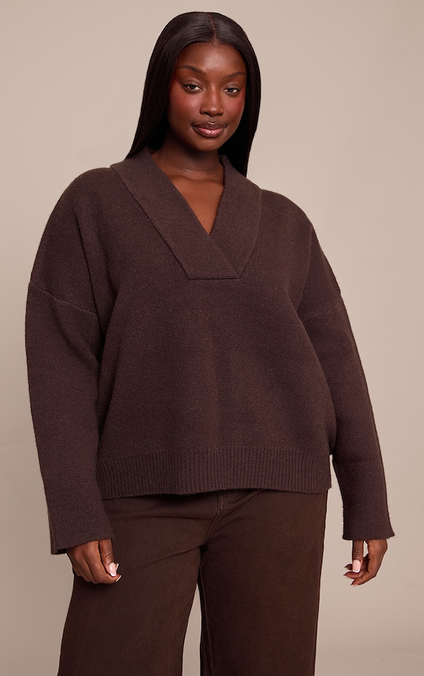 Plus Chocolate Contrast Collar Deep V Neck Slouchy Sweater