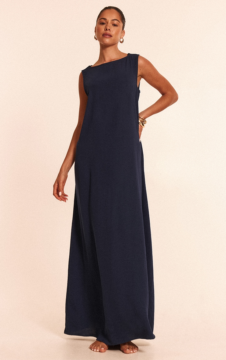Navy Floaty Woven Boat Neck Maxi Beach Dress image 3