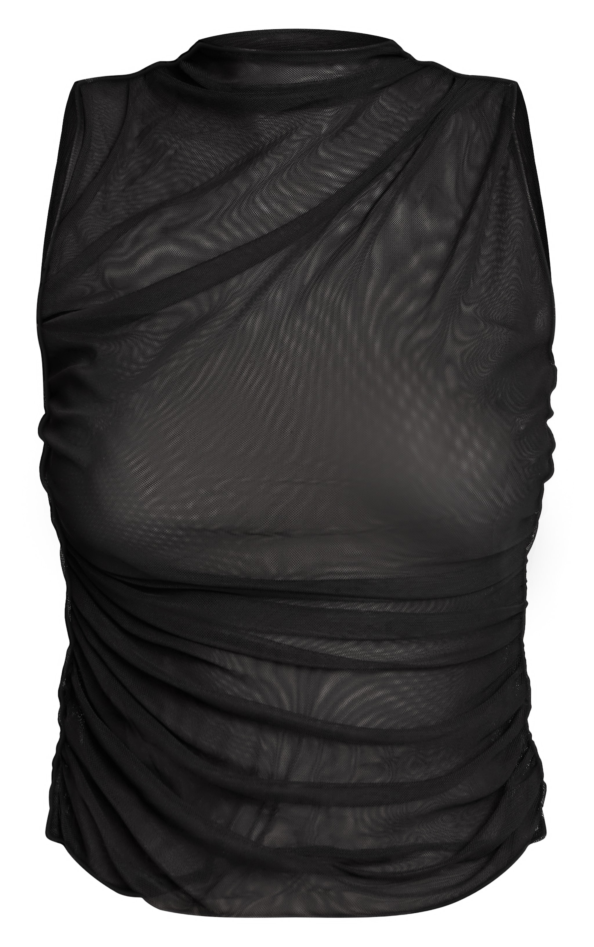 Black Sheer Mesh High Neck Ruched Detail Long Top image 5