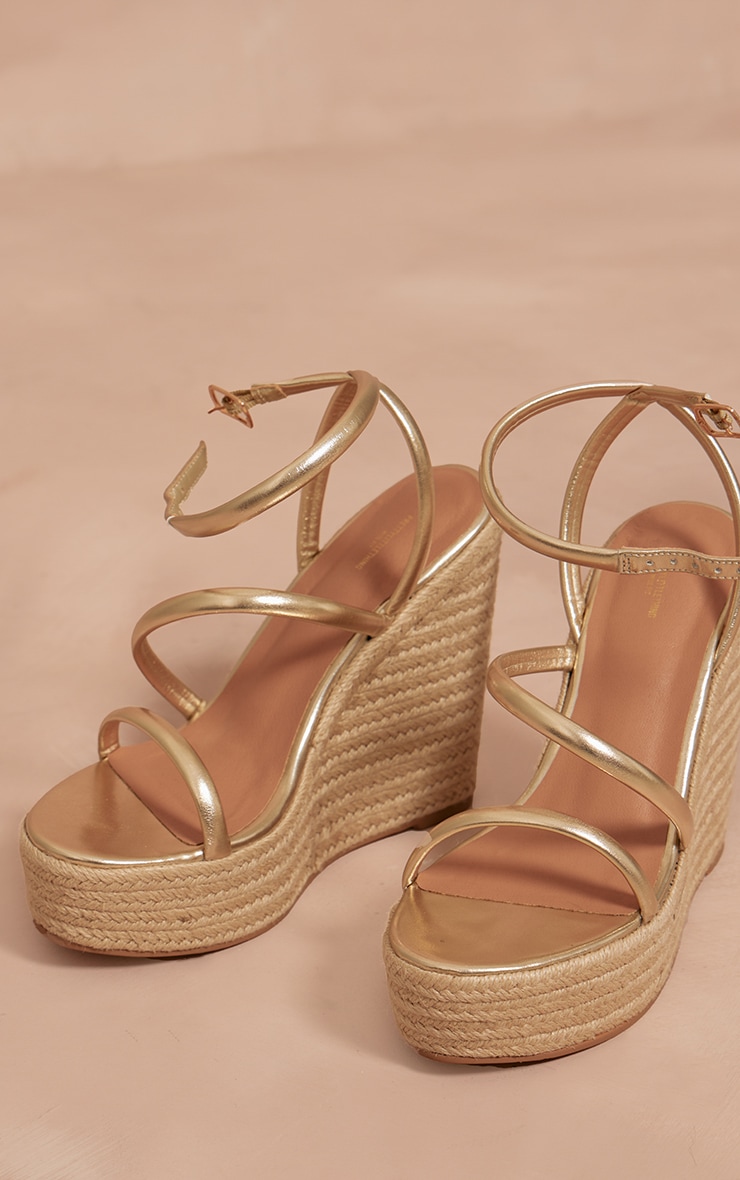 Gold Wide Fit PU Round Toe Asymmetric Strap Platform Heeled Wedges image 3