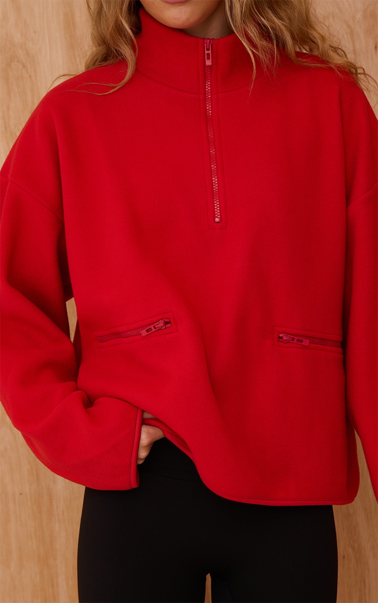 Red Fleece Quarter Zip Pocket Detail Sweatshirt image 4
