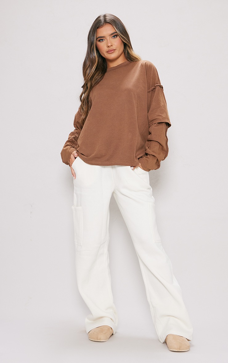 Brown Washed Cotton Raw Edge Double Long Sleeve T Shirt image 3