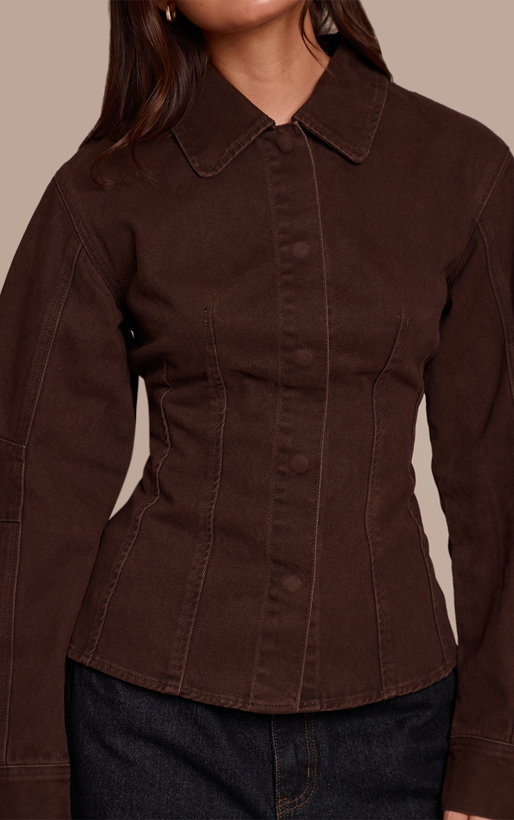 Chocolate Balloon Sleeve Cinched Denim Shirt image 4