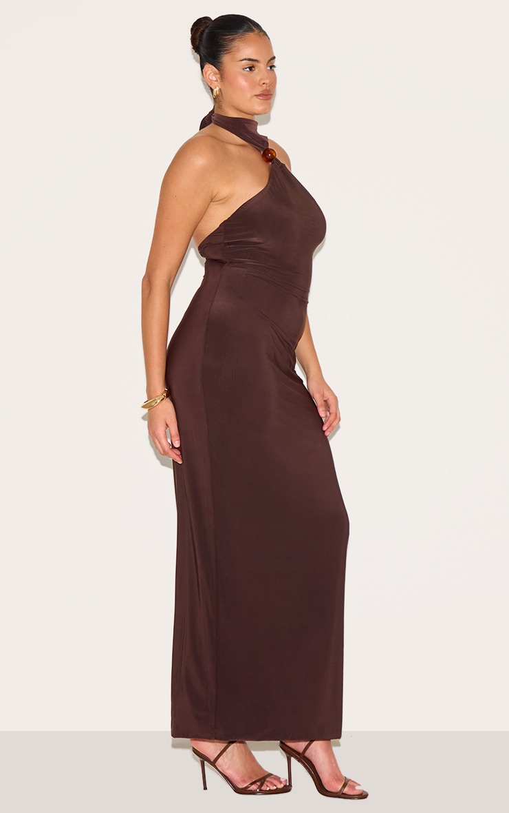 Plus Dark Chocolate Slinky Bead Detail Halter Maxi Dress image 3