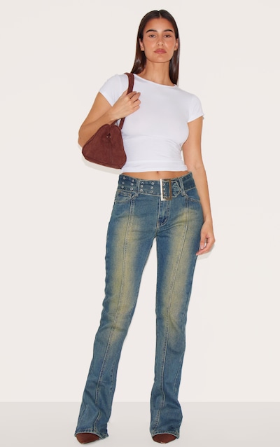 Indigo Vintage Wash Belted Seam Front Flare Jeans