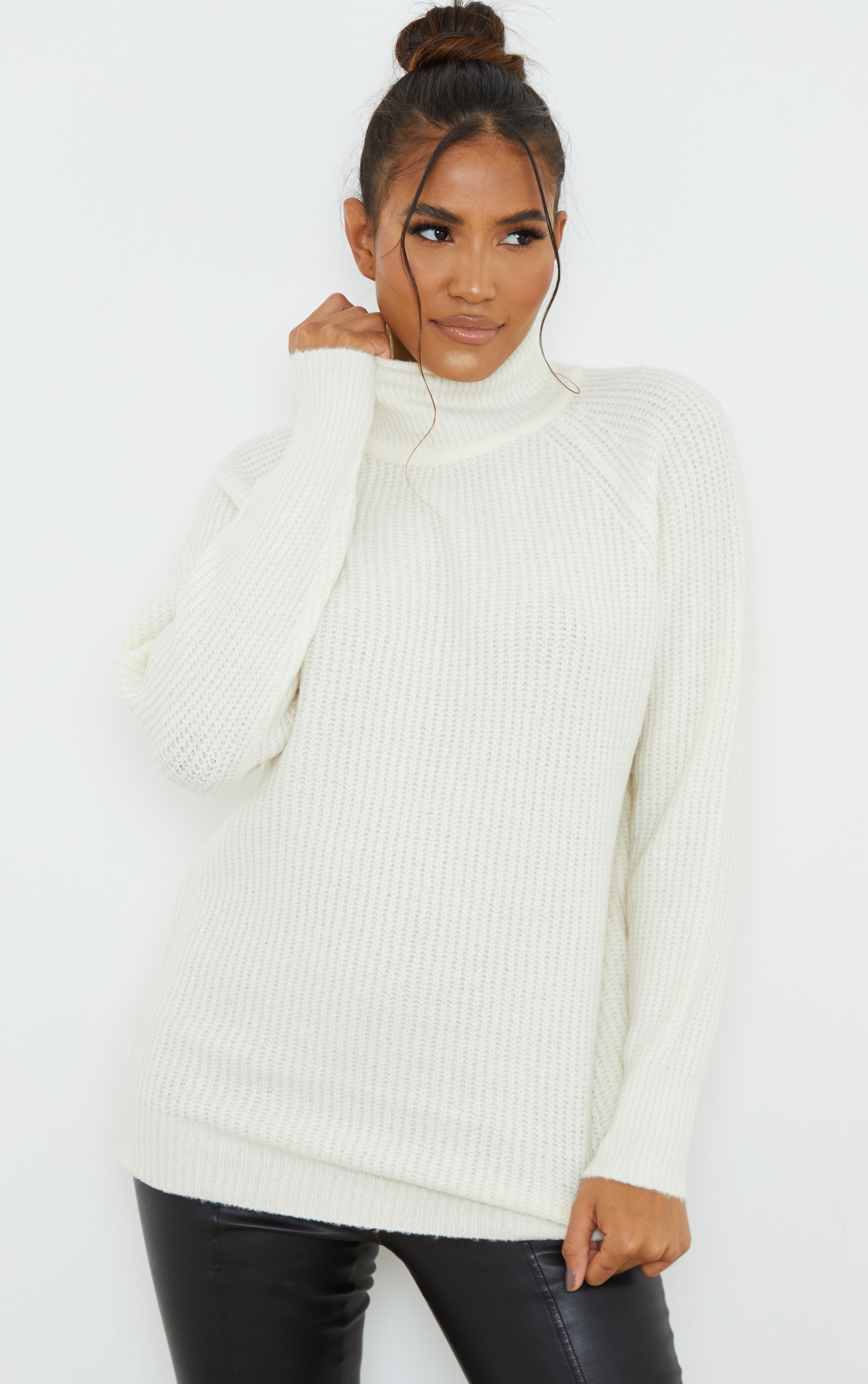 Cream Balloon Sleeve Longline Knitted Jumper