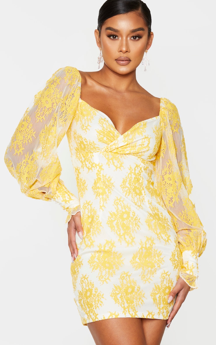 Lemon Button Detail Lace Bodycon Dress