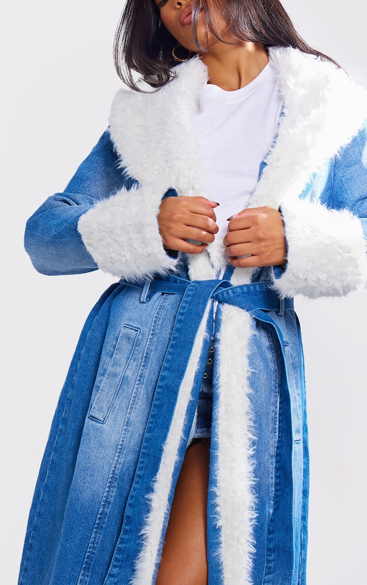 Indigo Blue Wash Faux Fur Trim Contrast Denim Maxi Coat image 4